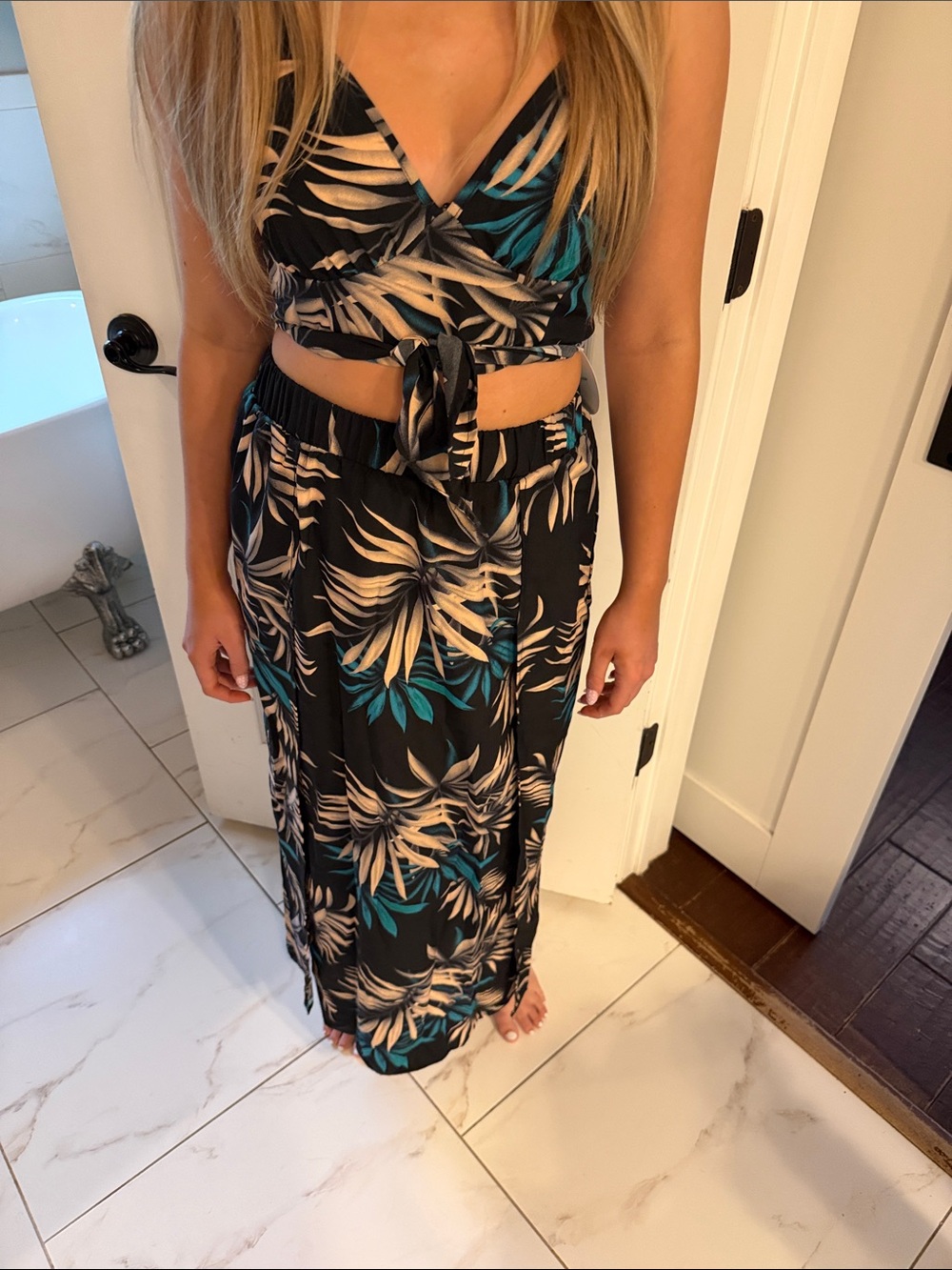 Black Tropical Tie-Front Two piece Set